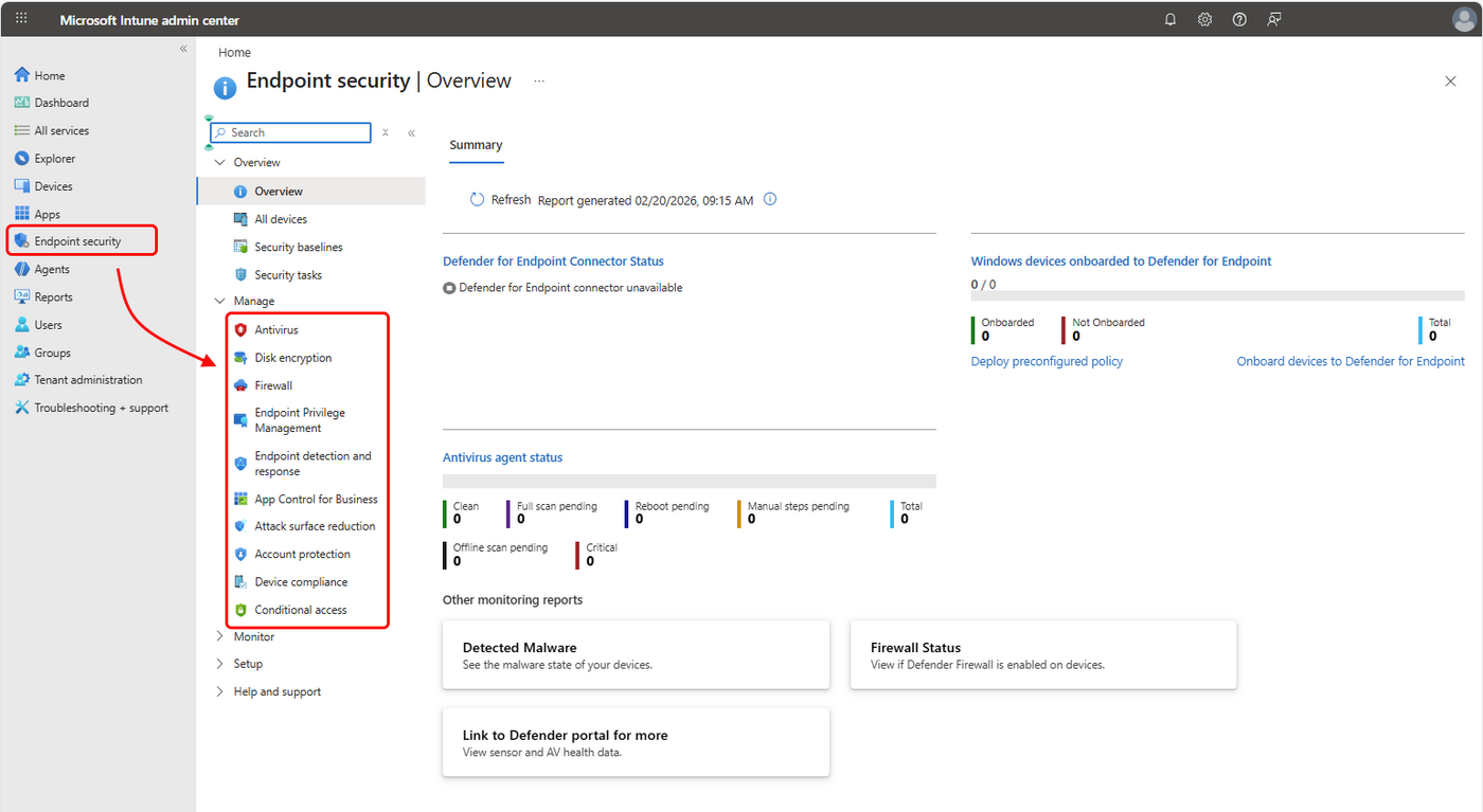 Microsoft Intune Endpoint security policy area showing antivirus, disk encryption, firewall, EDR, attack surface reduction, App Control and account protection
